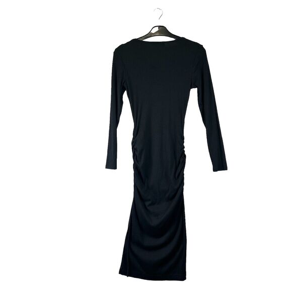 Michael Stars Dress Womens S Black Rib Knit Midi Ruched Square Neck Long Sleeve - Picture 7 of 11